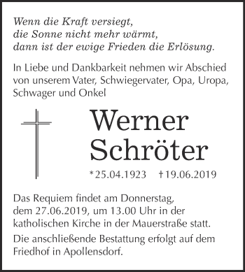 Traueranzeige von Werner Schröter von WVG - Wochenspiegel Wittenberg