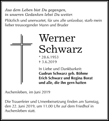 Traueranzeige von Werner Schwarz von Mitteldeutsche Zeitung Aschersleben