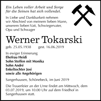 Traueranzeige von Werner Tokarski von Super Sonntag SGH Mansf. Land