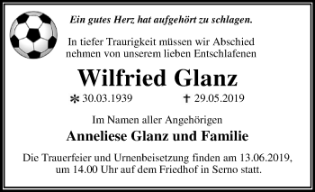 Traueranzeige von Wilfried Glanz von WVG - Wochenspiegel Dessau / Köthen