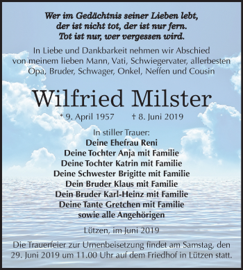 Traueranzeige von Wilfried Milster von Mitteldeutsche Zeitung Weißenfels