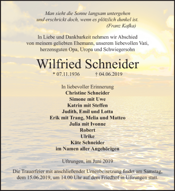 Traueranzeige von Wilfried Schneider von Mitteldeutsche Zeitung Sangerhausen