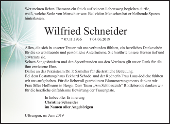 Traueranzeige von Wilfried Schneider von Mitteldeutsche Zeitung Sangerhausen
