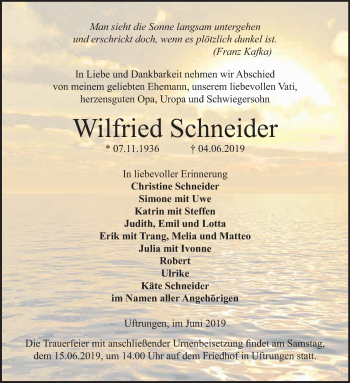 Traueranzeige von Wilfried Schneider von WVG - Wochenspiegel SGH