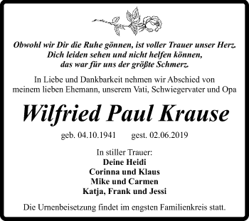Traueranzeige von Wilfried Paul Krause von Super Sonntag Quedlinburg