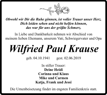 Traueranzeige von Wilfried Paul Krause von Mitteldeutsche Zeitung Quedlinburg