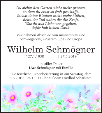 Traueranzeige von Wilhelm Schmögner von Mitteldeutsche Zeitung