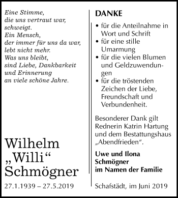 Traueranzeige von Wilhelm Schmögner von WVG - Wochenspiegel Merseburg