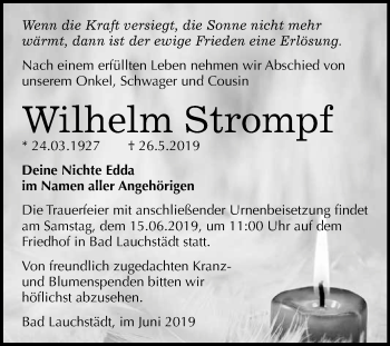 Traueranzeige von Wilhelm Strompf von WVG - Wochenspiegel Merseburg