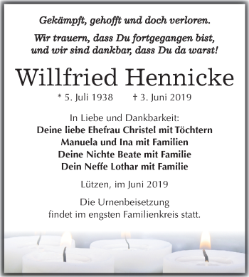 Traueranzeige von Willfried Hennicke von Mitteldeutsche Zeitung Weißenfels