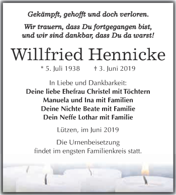 Traueranzeige von Willfried Hennicke von Super Sonntag Merseburg
