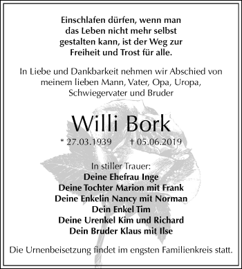 Traueranzeige von Willi Bork von Mitteldeutsche Zeitung Bitterfeld