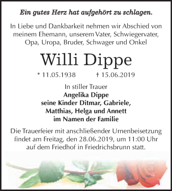 Traueranzeige von Willi Dippe von WVG - Wochenspiegel Quedlinburg