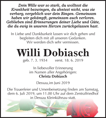 Traueranzeige von Willi Dobiasch von Mitteldeutsche Zeitung Dessau-Roßlau