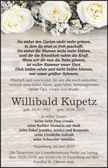 Traueranzeige von Willibald Kupetz von WVG - Wochenspiegel NMB / WSF / ZTZ