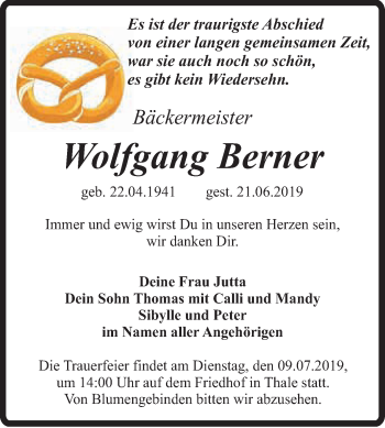 Traueranzeige von Wolfgang Berner von Super Sonntag Quedlinburg