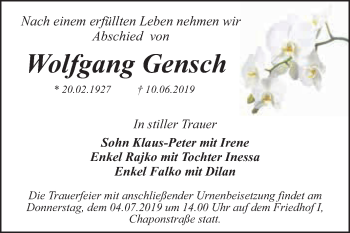 Traueranzeige von Wolfgang Gensch von WVG - Wochenspiegel Dessau / Köthen