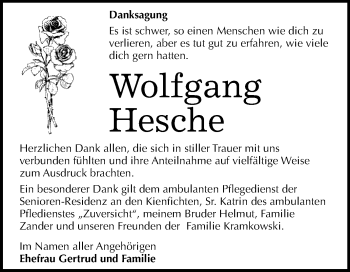 Traueranzeige von Wolfgang Hesche von WVG - Wochenspiegel Dessau / Köthen