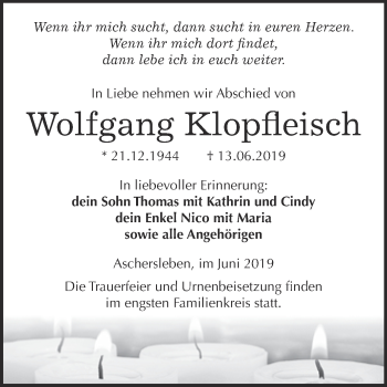 Traueranzeige von Wolfgang Klopfleisch von Super Sonntag Aschersleben