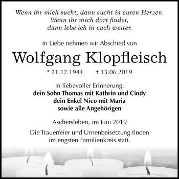 Traueranzeige von Wolfgang Klopfleisch von Mitteldeutsche Zeitung Aschersleben