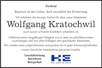 Traueranzeige von Wolfgang Kratochwil von Super Sonntag Aschersleben