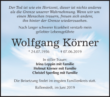 Traueranzeige von Wolfgang Körner von Mitteldeutsche Zeitung Aschersleben