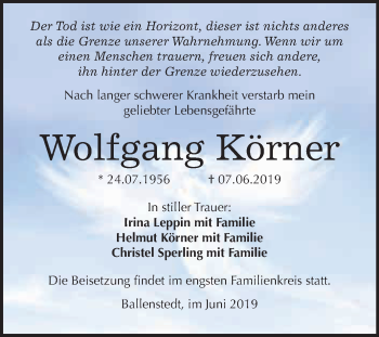 Traueranzeige von Wolfgang Körner von WVG - Wochenspiegel Quedlinburg