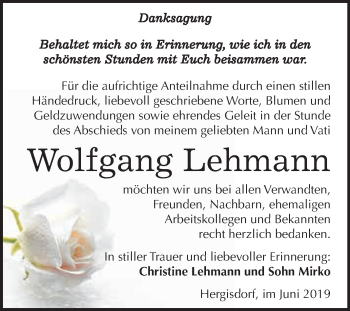 Traueranzeige von Wolfgang Lehmann von Super Sonntag SGH Mansf. Land