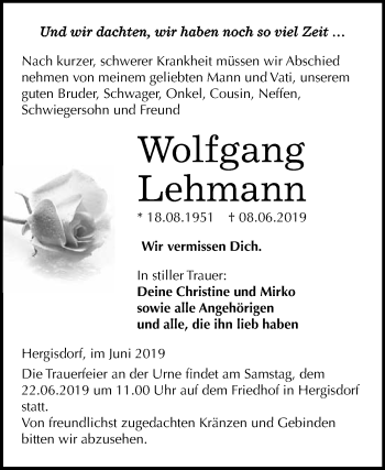 Traueranzeige von Wolfgang Lehmann von Super Sonntag SGH Mansf. Land