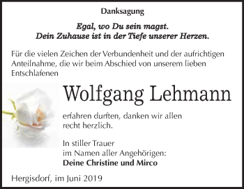 Traueranzeige von Wolfgang Lehmann von Wochenspiegel Mansfelder Land