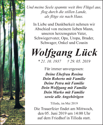 Traueranzeige von Wolfgang Lück von Mitteldeutsche Zeitung Sangerhausen