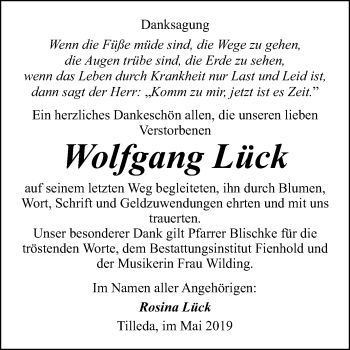 Traueranzeige von Wolfgang Lück von Mitteldeutsche Zeitung Sangerhausen