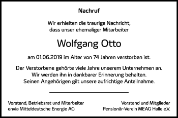 Traueranzeige von Wolfgang Otto von Mitteldeutsche Zeitung Halle/Saalkreis
