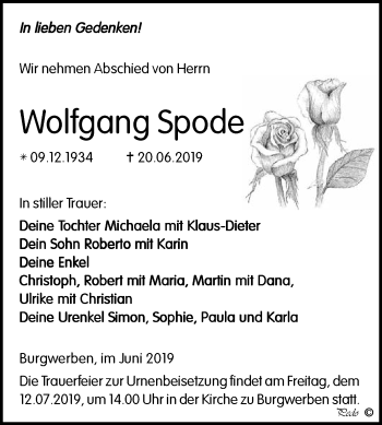 Traueranzeige von Wolfgang Spode von WVG - Wochenspiegel NMB / WSF / ZTZ