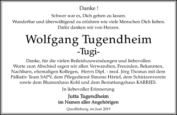 Traueranzeige von Wolfgang Tugendheim von Mitteldeutsche Zeitung Quedlinburg