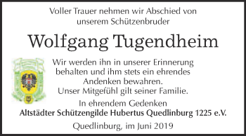 Traueranzeige von Wolfgang Tugendheim von Super Sonntag Quedlinburg