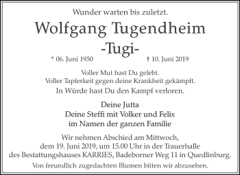 Traueranzeige von Wolfgang Tugendheim von WVG - Wochenspiegel Quedlinburg