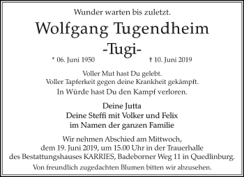 Traueranzeige von Wolfgang Tugendheim von Mitteldeutsche Zeitung Quedlinburg