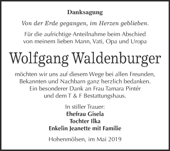 Traueranzeige von Wolfgang Waldenburger von WVG - Wochenspiegel NMB / WSF / ZTZ