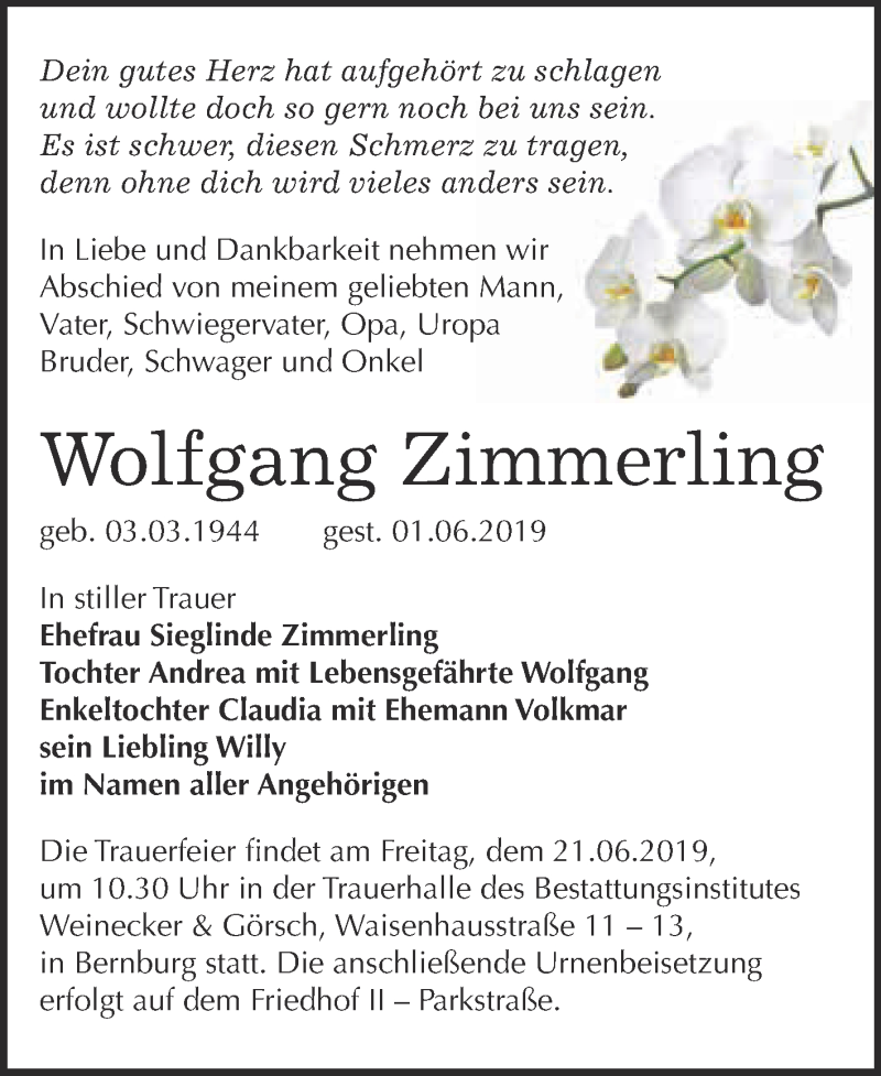  Traueranzeige für Wolfgang Zimmerling vom 03.06.2019 aus Super Sonntag Bernburg