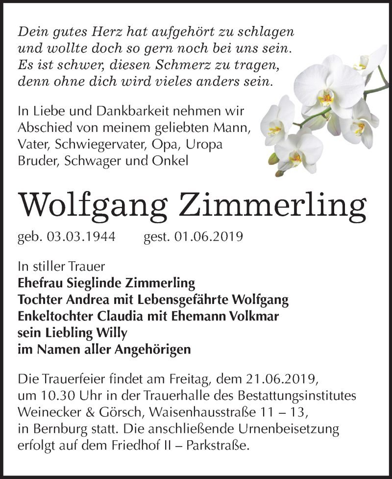  Traueranzeige für Wolfgang Zimmerling vom 08.06.2019 aus Mitteldeutsche Zeitung Bernburg