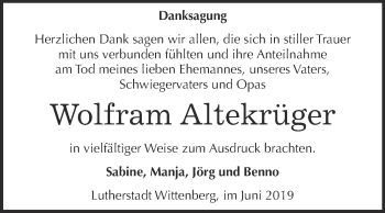 Traueranzeige von Wolfram Altekrüger von Super Sonntag Wittenberg