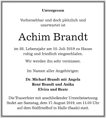 Traueranzeige von Achim Brandt von Mitteldeutsche Zeitung Halle/Saalkreis