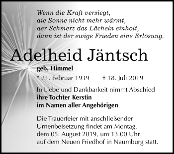 Traueranzeige von Adelheid Jäntsch von Wochenspiegel Naumburg/Nebra