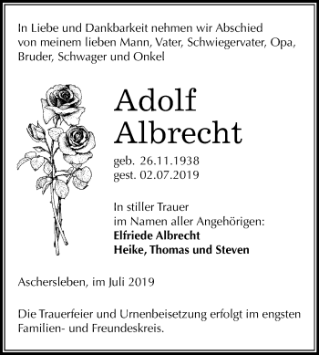 Traueranzeige von Adolf Albrecht von Mitteldeutsche Zeitung Aschersleben