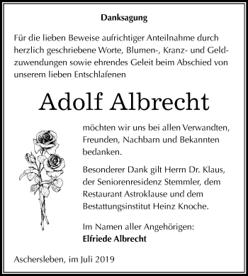 Traueranzeige von Adolf Albrecht von Mitteldeutsche Zeitung Aschersleben
