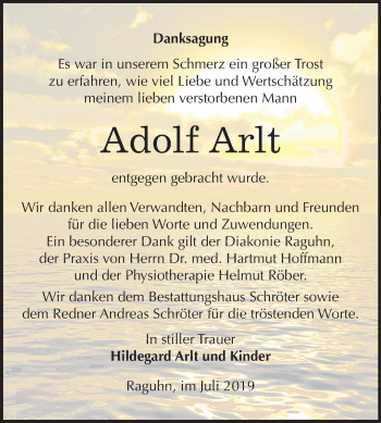 Traueranzeige von Adolf Arlt von Wochenspiegel Bitterfeld