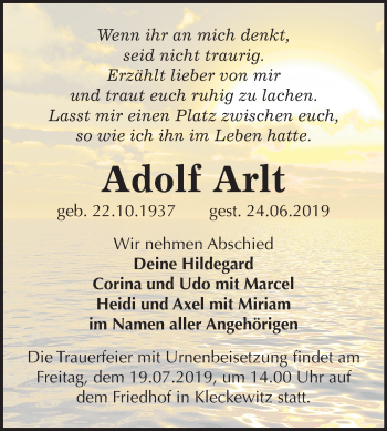 Traueranzeige von Adolf Arlt von Mitteldeutsche Zeitung Bitterfeld