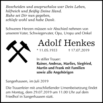 Traueranzeige von Adolf Henkes von Super Sonntag Sangerhausen
