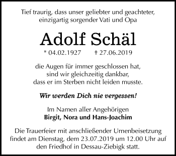Traueranzeige von Adolf Schäl von Mitteldeutsche Zeitung Dessau-Roßlau